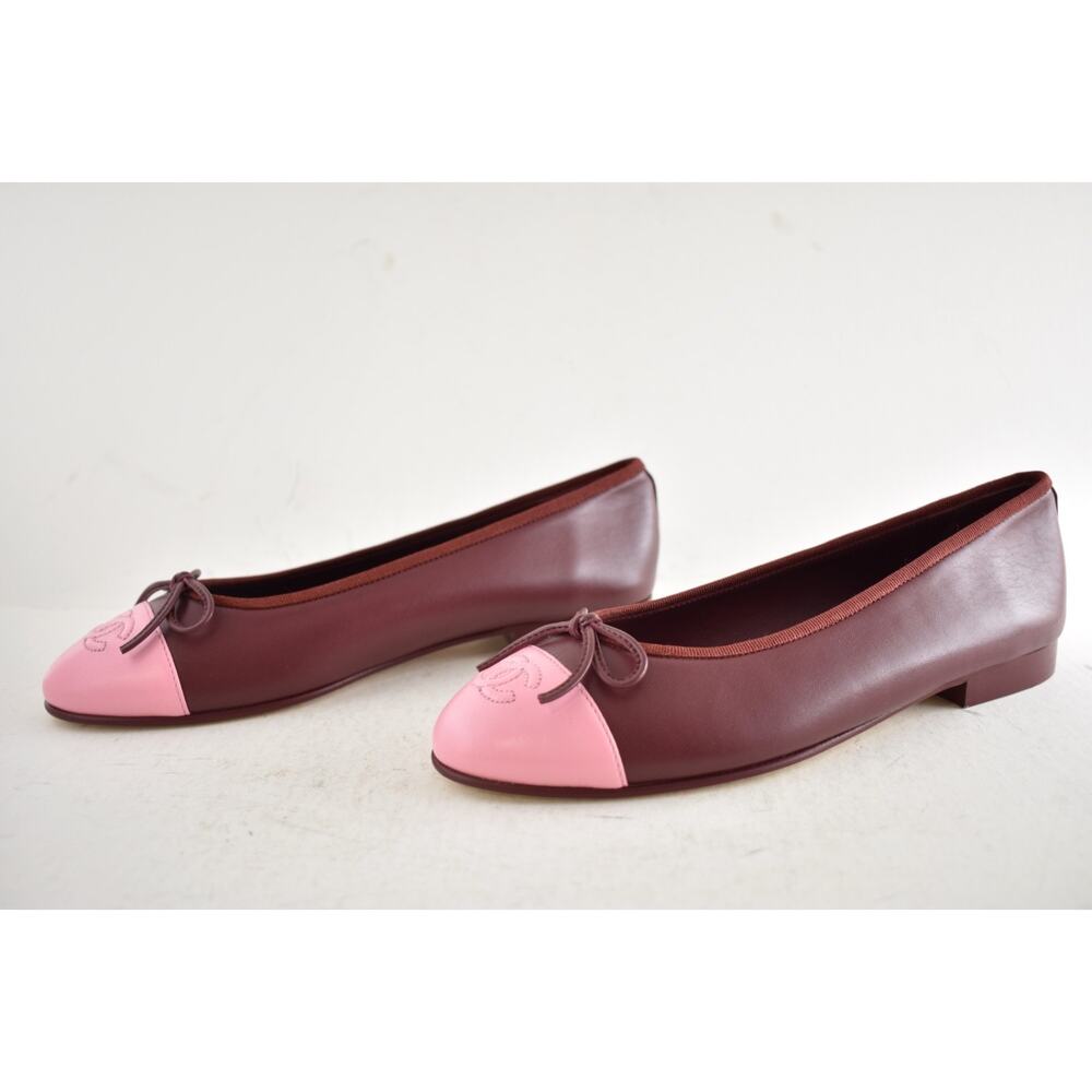 Chanel 26S Burgundy Red Pink Lambskin Leather CC Logo Ballet Ballerina Flat 37.5 - Picture 14 of 16